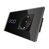 CNBINGO Schuko Steckdose mit DreiFach Lichtschalter - mit Touch Glas Panel und Status-LED - 3-Fach 1-poliger Ausschalter - Schwarz Touchschalter und Steckdose - Neutralleiter Wird Nicht Benötig