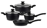 Linnuo Topfset Topf Pfannenset 7tlg - 3 Töpfe mit Glasdeckel & 1 Pfanne - Alu Kochtopf Set Marmor Keramik beschichtet PFOA frei - Topfset Induktion geeignet für alle Herde - Griff nicht heiß - Schw