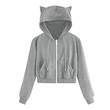 Bauchfreier Damen Hoodie T-Shirt Kapuzen Lace Up Vintage Pullover Lange Hoodie Bluse Bärenohren Höhe Taille mit Reißverschluss Top Lange Ärmel Top Shirt Mode Freizeit Kurzes Oberteil Sexy