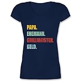 Sprüche Statement mit Spruch - Papa Ehemann Grillmeister Held Retro Vintage Effekt - XXL - Dunkelblau - Papa Ehemann Grillmeister Held - XO1525 - Damen T-Shirt mit V