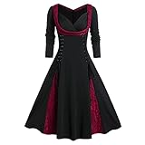 UNIQTA Damen Vintage Gothic Langarm Abendkleid A-Linie Mittelalter Retro Farbblock Sternenhimmel Druck Tube Neck Elegantes Knopf Schlankes Rockabilly