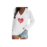 Langarm T Shirt Oberteile Für Damen Früher Frühling Locker Pullover Tunika Tops Elegant V-Neck Liebesdruck Basic Blusenshirt Hemd Bluse Frauen Lange Ärmel Valentinstag Tee Tops(Weiß,XL)