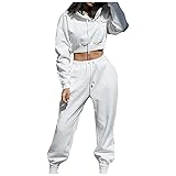 Damen Zweiteilige Freizeitanzug Sportanzug Langarm Bauchfrei Kapuzenpullover Klassisch Crop Sweatshirt mit Kapuze Jogginganzug und Lange Hose Sportswear 2 Stück Frauen Sport S