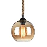 Aniiii Retro Hanfseil Glas Pendelleuchte, Antik Runde Anhänger Hängende Deckenleuchte Lampe In Hellem Bernstein Glasschirm, Verstellbare Schnur Kücheninsel L