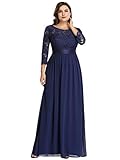 Ever-Pretty Damen 3/4 Ärmel Spitze Rundkragen A-Linie Elegant Empire Bodenlang Chiffon Große Größe Abendkleider Navy Blau 50