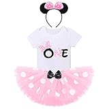 FYMNSI Baby Mädchen 1. Erster Geburtstag Outfit Minnie Maus Kostüm 1 Jahr Party Prinzessin Gepunktet Tütü Rock Baumwolle Kurzarm Body Strampler mit Ohr Stirnband 3tlg Bekleidungsset Rosa - One 1 J