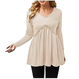 Vuncio Damen Langarm Lässig Große Größen Frühling Loses Gerüschtes Lockeres Damen T-Shirt Mit V-Ausschnitt Einfarbiges Temperament Oberteil Blusen Pullover (Beige, S)