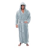 Velours Bademantel Herren Extra Lang Flauschig Samt mit Kapuze Morgenmantel Winter Kimono Nachtwäsche Mit Gürtel und Tasche Teddy Fleece Bath Robe Einfarbig Plüsch Warm Hausmantel Casual Pyj