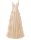 Carnivalprom Damen Spitze Abendkleider Für Hochzeit Elegant Brautkleid Spaghetti-Träger Ballkleider(Champagner,36)