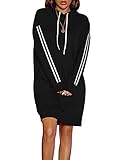 CNFIO Hoodie Damen Lose Pullover Sweaterkleid Langarm Kleider Einfarbig Sport Tops Minikleider Herbst Schwarz XL