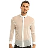 JanJean Herren Transparent Unterhemd mit Knopf Langarm T-Shirt Hemd Durchsichtig Unterwäsche Spitzenhemd Party Clubwear S-2XL A Weiß XL