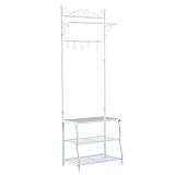 HOMCOM Garderobenständer Kleiderständer Garderobe mit 3 Schuhablagen 5 Haken Flur Stahl Weiß L60 x B35 x H175