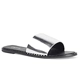 Qupid Kazen Slides für Damen – offene Zehen, flache Sandalen mit metallischen Nieten, Silber (Silbernes Metall), 38 EU