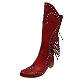 HOTRA Halbhohe Stiefel für Damen Dicker Absatz Exotische Cowboystiefel mit Quasten Ritterreiterschuhe (Color : Red, Size : 38 EU)