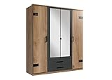 lifestyle4living Kleiderschrank mit Spiegel-Türen, Planken-Eiche Dekor, Graphit-Grau, 180 cm | Drehtürenschrank 4-türig mit 2 Schubladen im Industrial S