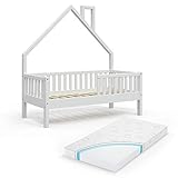 VitaliSpa Hausbett Kinderbett Spielbett Noemi 70x140cm Rausfallschutz (Weiß, Matratze)