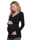 KOJOOIN Damen Stillshirt Langarm Umstandsshirt V-NeckSchwangerschaftsshirt Schwangere Nursing Tops Umstandsmode Schwarz(Langarm) M