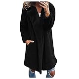 GOKOMO Damen Winter Fleecejacke Lang Elegant Plüsch Einfarbig Mantel mit Revers Mantel aus Kunstpelz Für Damen Winter Damenmantel Langarm Warme Wattierte Jacke(Schwarz,3XL)