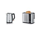 SEVERIN WK 3469 Wasserkocher (ca. 2.200 W, 1 L) edelstahl/schwarz & Automatik-Toaster, Inkl. Brötchen-Röstaufsatz, 2 Röstkammern, 800 W, AT 2589, Edelstahl/Schw