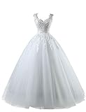 HUINI Brautkleid Lang Prinzessin Tüll Hochzeitskleid Standesamt Vintage Brautmode A-Linie Ballkleid mit Perlen Weiß 42