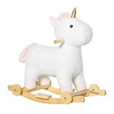 HOMCOM 2-IN-1 Schaukelpferd mit Räder Einhorn-Design Plüsch Schaukeltier Babyschaukel Spielzeug für 36-72 Monaten Kinder Weiß 63 x 38 x 63