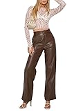 joyvio Kunstlederhose für Damen, gerades Bein Mid Waist Butt Lift Elastische Schwarze Hose mit 2 Taschen Kunstlederhose Vintage Freizeit Gerade Weites Bein Schlanke Hose Streetw