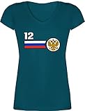 Fussball WM 2022 Fanartikel - 12. Mann Russland Mannschaft - XS - Türkis - Nationalmannschaft - XO1525 - Damen T-Shirt mit V