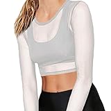 SHITOUJI Damen Sexy Bauchfrei Mesh Tops Langarm Transparent Shirts Oberteile Leicht Tüll Langarmshirt Sommershirts Frauen Mädchen Party Crop Top Bluse Tunik