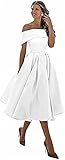 HONGFUYU Damen Off Shoulder Ballkleider Kurz Satin Cocktailkleider Kurz Kleid, weiß, 44
