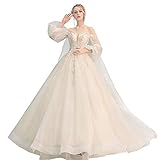roroz Hochzeitskleider Damen Prinzessin Mit Laternenärmel, Brautkleider Lange Schleppe, Sexy Tube Top Brautkleid Abendkleider, RüCkenfrei Spitze TüLl Abendkleid Lang,White-S