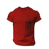 Julhold Herren Kurzarm T-Shirt Amerikanische Flagge Distressed Printed O Neck Casual Bluse Leichtes Hipster Shirt Top Tee(01 Rot,XL)