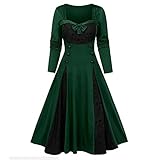 UNIQTA Damen Vintage Gothic Langarm Abendkleid A-Linie Mittelalter Retro Farbblock Sternenhimmel Druck Tube Neck Elegantes Knopf Schlankes Rockabilly