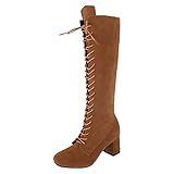 Damen Elegant Mid Top Stiefel Blockabsatz Hohe Stiefel Schnürstiefel Comfort Wildleder rutschfeste Frauen Winter Langschaftstiefel Herbst S