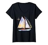 Damen Aquarell-Segelboot mit Kompass und LATITUDES Segeln T-Shirt mit V