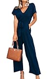 Spec4Y Damen Sommer Lang Jumpsuit V-Ausschnitt Kurzarm Overall Einfarbig Casual Hosenanzug mit Taschen und Gürtel Navy Blau M