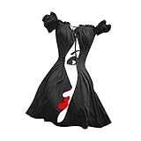 Skelett Schwarz Gothic Kleid Damen Abstrakt Drucken Vintage Halloween Kleid Kurzarm Schulterfrei Skaterkleid Mottoparty Karneval Party Retro Steampunk Kleid Cosplay Kostüm Schädel M