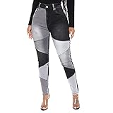 Mugoebu Damen Stretch-Patchwork-Jeans mit hoher Taille sexy Skinny Denim-Hose mit Taschen (schwarz, XL)