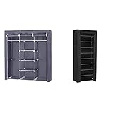 SONGMICS Kleiderschrank, Faltschrank, Stoffschrank, 175 x 150 x 45 cm, grau RYG12G & SONGMICS Schuhregal mit 10 Ebenen Schuhschrank Schuhständer 160 x 58 x 28 cm für ca. 27 paar Schuhe, schwarz RXJ10H