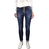 Jewelly Damen Stretch Jeans| Boyfriend Hose mit sichtbarer Knopfleiste| Dunkle Used Denim Waschung (Dark Blue, XS)