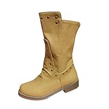 Geilisungren Leder Stiefel Damen Kniehoch Cowboy Stiefel Flach Klassischer Stiefel Sexy Vintage Round Stiefel Kniehohe Booties Niedrige Ankle BootsKniestiefel Damen Ohne Absatz W