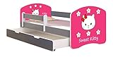 ACMA Kinderbett Jugendbett mit Einer Schublade und Matratze Grau mit Rausfallschutz Lattenrost II (16 Sweet Kitty 2, 140x70 + Bettkasten)