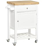 HOMCOM Küchenwagen Küchenrollwagen Servierwagen mit einer Schublade geschlossenen Schrank Regalboden und Handtuchhalter 4 Lenkrollen MDF Gummiholz Weiß+Eiche 63,5 x 40 x 90