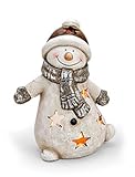 TEMPELWELT Windlicht Deko Figur Schneemann 21 cm, Ton weiß grau braun, lustige Tonfigur Dekofigur Teelichthalter Winter Weihnachten Winterdeko Schneemannw