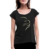 Spreadshirt Katzengesicht Zeichnung Katze Frauen T-Shirt mit gerollten Ärmeln, XL, Schw