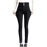 yiouyisheng Damen Skinny Jeans mit hohem Bund, Dreireiher Bauchkontrolle Enge Hosen Bleistiftjeans, Slim Fit Gefüttert Thermo Fleece Jeans Hose Long Trouse Pants, Blau Schw