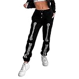 Damen Y2k Sweatpants Strass Skelett Haremshose Hohe Taille Stretch Baumwolle Hose 90er Jahre Yoga Jogger Hippie Hose, Schwarze Strasssteine, L