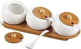 WSYGHP Keramische Gewürzkasten-Set-Container mit Bambusschale Keramik-Gewürz-Topf,servierender Löffel und Deckel Zuckerschale für Zuhause und Küche gewürzg