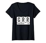 Damen GRR Grand Rapids Michigan USA Reise-Souvenir schwarzer Text T-Shirt mit V