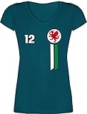 Fussball WM 2022 Fanartikel - 12. Mann Wales Emblem - XS - Türkis - Nationalmannschaft - XO1525 - Damen T-Shirt mit V