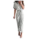 BOOMJIU Kleider Damen Vintage Business Kleid Elegante Büro Kleid V-Ausschnitt Kurzarm Bodycon Kleid Wickelkleid Swing Kleid Hoher Schlitz Partykleid Freizeitkleider Abendkleid Cocktailk